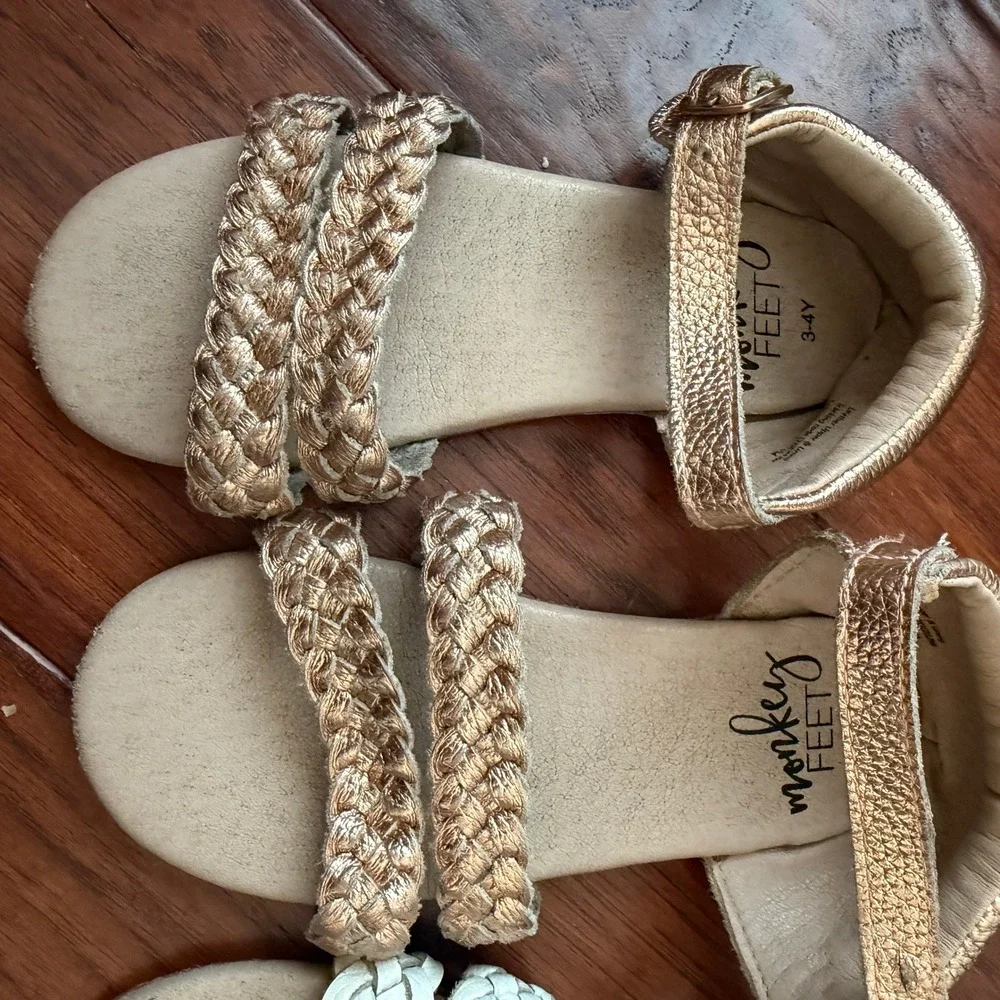 Monkey Feet Kids 11 Braided Leather Sandals Gold White Size 3-4Y Boho Summer‎